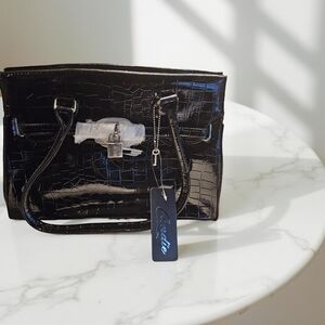 New Black Faux Crocodile-Embossed Handbag